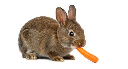 Obraz premium A fluffy brown bunny is sitting on a white background holding a bright orange carrot in its mouth. It looks alert and adorable.