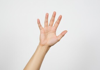 A hand with fingers extended against a white background showing the palm and forearm clearly visible