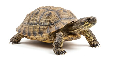 Naklejka premium A reptile with a brown and tan shell and scaled skin is shown from the front, sitting on a blank, white background.