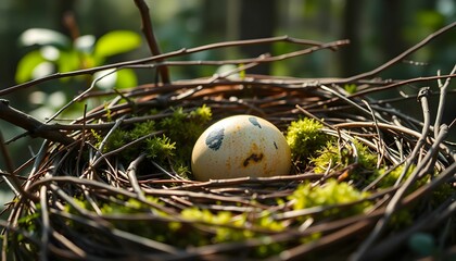 Fototapeta premium Speckled Egg Resting Comfortably in a Mossy Bird Nest