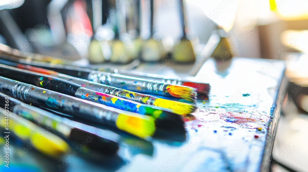 Poster close-up of paint brushes and a palette displaying a range of vibrant colors and textures that defin