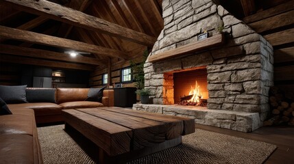 Rustic cabin interior with a warm fireplace and comfortable seating.
