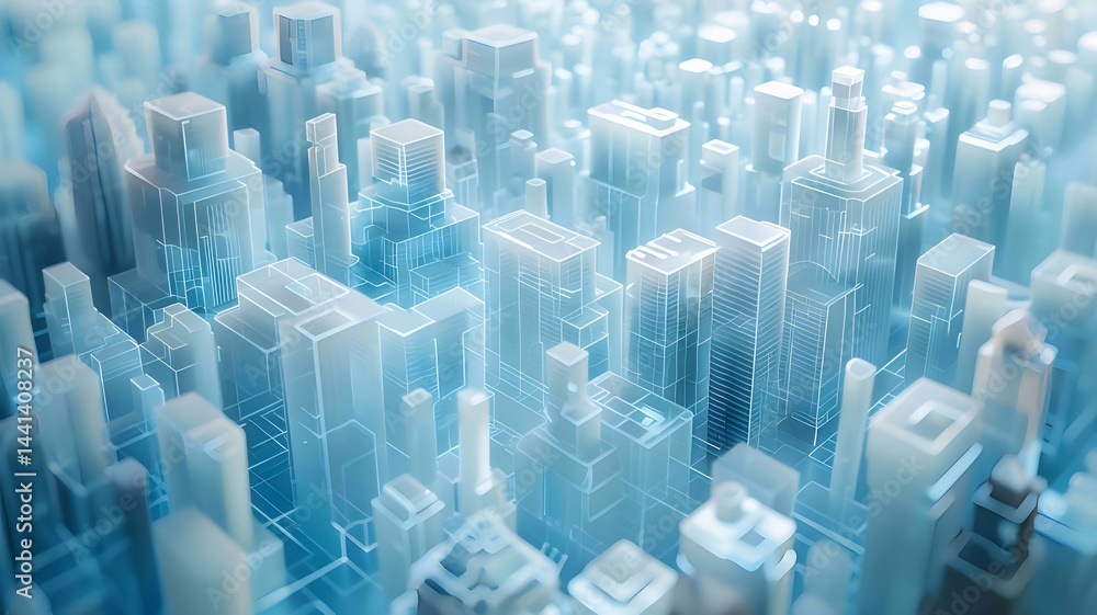 Aufkleber 青色に光る未来都市の抽象的な3dイラスト 幾何学的な建物が織りなすデジタルデザインの背景