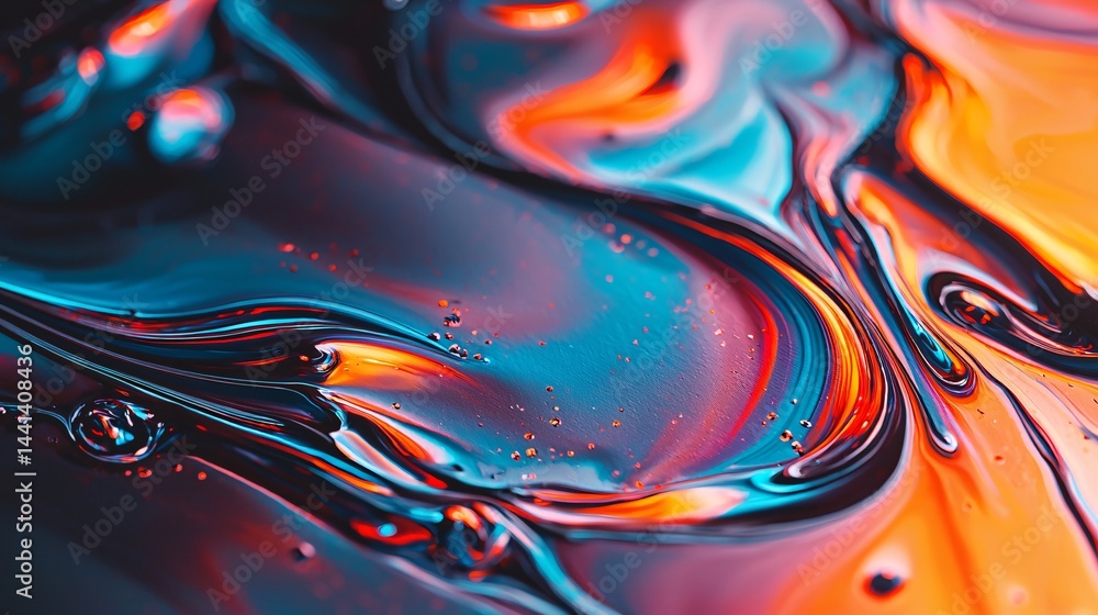 Poster close-up view of liquid paint on canvas showcasing rich colors and texture that reflects the depth a