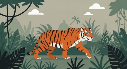 Illustration of a tiger walking in a lush green jungle.