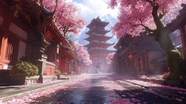 Japanese Village Street with Cherry Blossoms in 4K