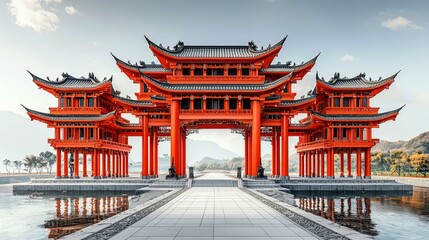 Majestic Red Chinese Gate Architecture