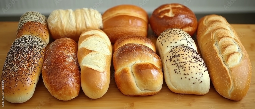 Poster an array of freshly baked breads displayed on a wooden surface showcasing variety in texture shape a