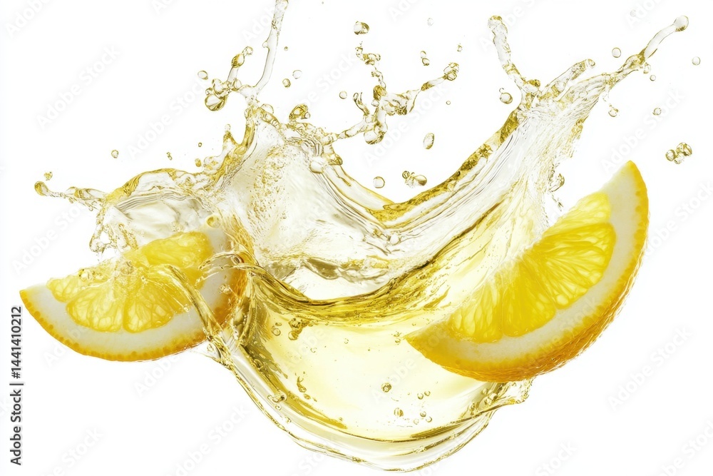 Poster refreshing lemon slices splashing in vibrant yellow liquid against a clean white backdrop capturing 