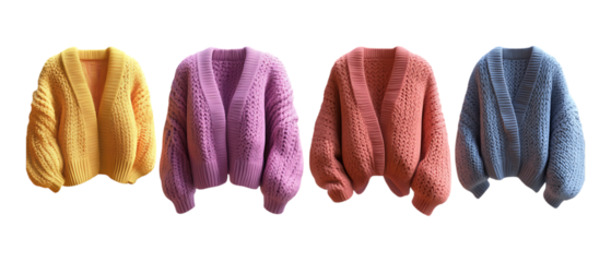 Four cozy fluffy knit cardigans in yellow, purple, coral, and blue arranged horizontally for winter fashion retail promotion isolated on.