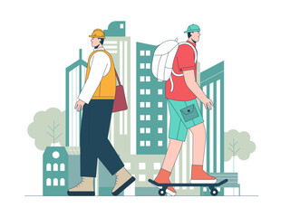 People riding skateboards. Commuter illustration. Flat vector illustration concept.