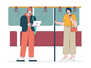 Passengers transport in metro train. Commuter illustration. Flat vector illustration concept.