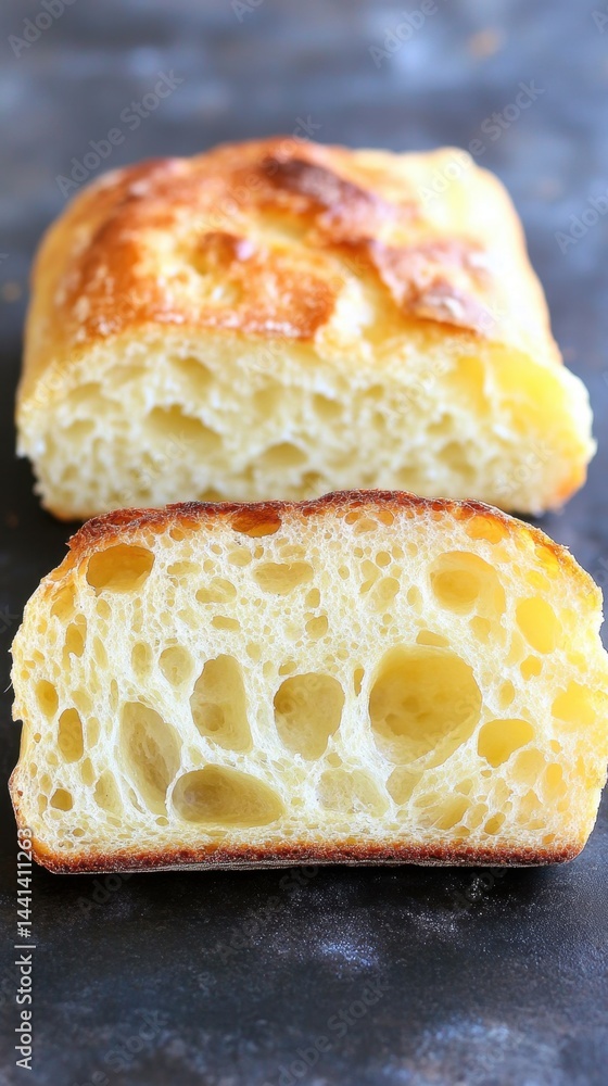 Poster close up of fresh baked ciabatta bread showing the airy crumb texture and golden crust on a dark bac
