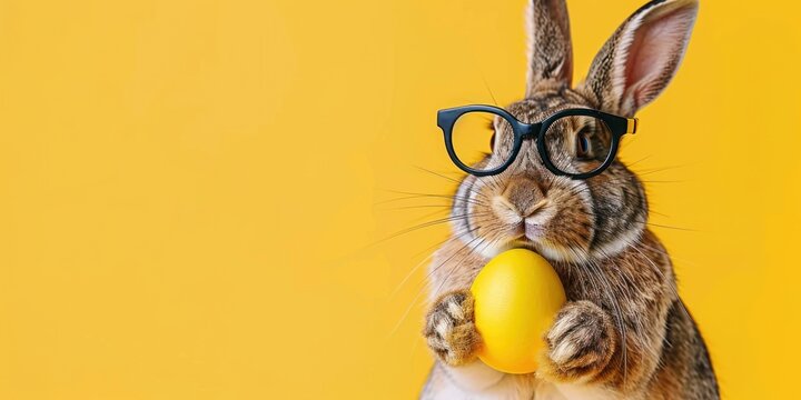 close-up of a brown rabbit wearing black eyeglasses holding a yellow egg against a bright yellow background conveying a quirky and playful mood