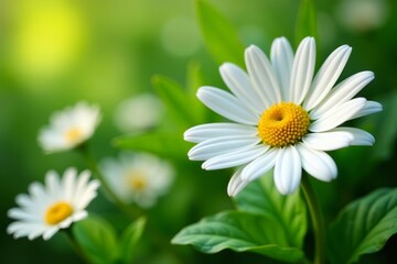 Obraz premium Beautiful daisy blooms in full bloom against a backdrop of fresh green leaves, close-up, botany, white
