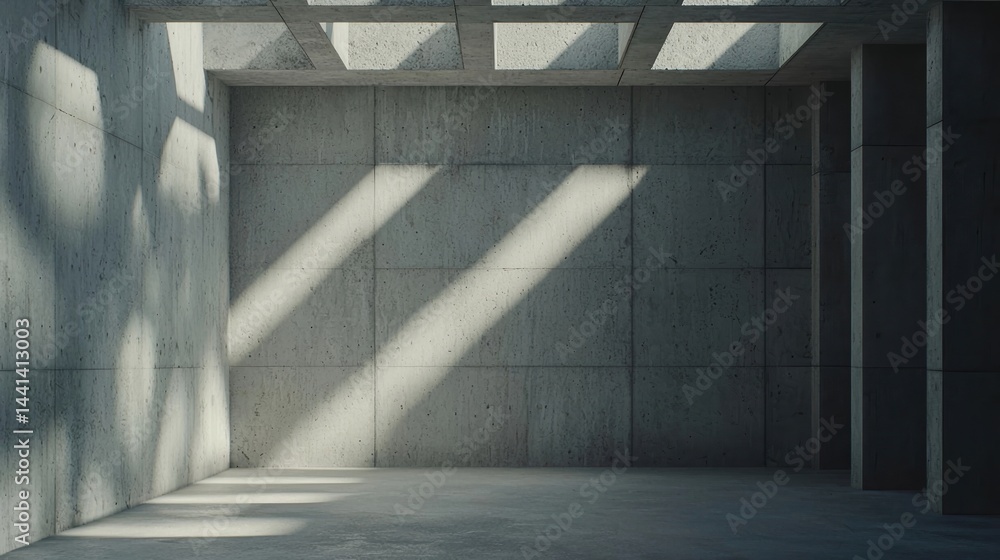 Poster minimalist concrete room with natural light streaming through a grid-patterned skylight, creating ge