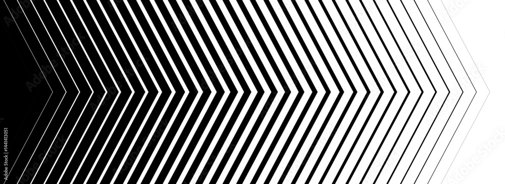 Poster Black linear arrow background. Repeated triangle gradation pattern backdrop. Fading halftone stripe gradient texture. Thin to thick speed line concept for overlay, poster, print, cover, banner. Vector