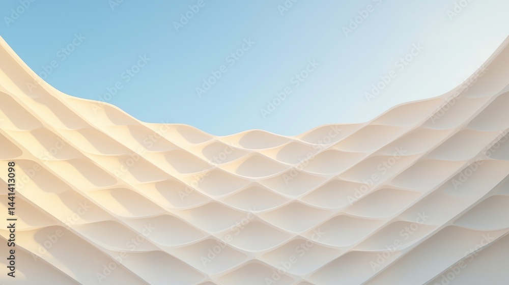 Poster curved architectural structure with a wavy, lattice design set against a clear blue sky.