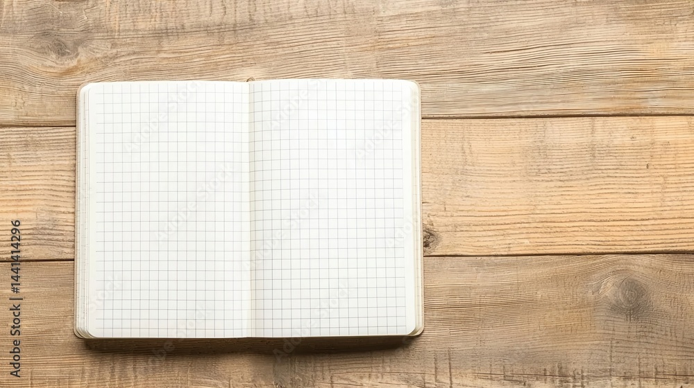 Poster an open graph paper notebook lies on a rustic wooden table, ready for notes, sketches, or planning.
