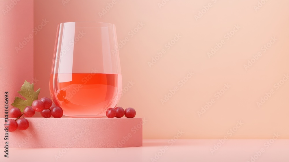 Poster elegant glass of rose wine with grapes on a pink platform against a soft peach backdrop creating a s