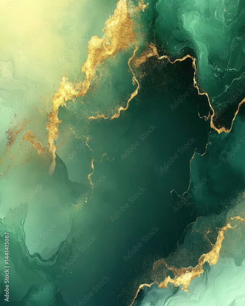 Aufkleber emerald green and gold abstract art with flowing ink textures and shimmering accents creating a luxu