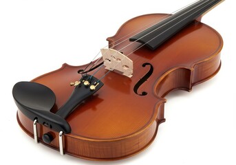 Fototapeta premium Close up shot of a brown wooden violin with black strings and a black shoulder rest on a white background