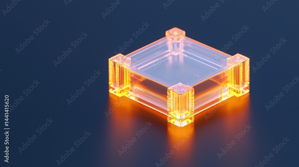 Poster a transparent, glowing square object with illuminated edges sits on a dark surface, emitting orange 