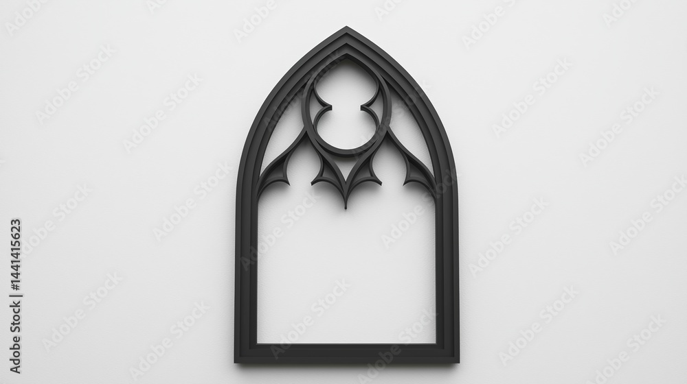 Poster a black, arched gothic-style window frame with intricate geometric patterns on a plain white backgro