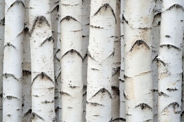 Fototapeta premium Close-up view of numerous birch tree trunks' textures.