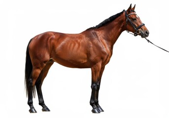 Obraz premium A chestnut horse stands in profile against a white background with a bridle and lead rope attached