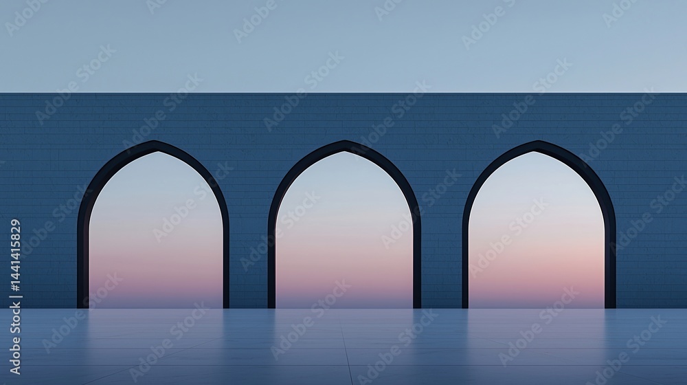 Poster a modern structure with three large arched openings, reflecting a serene sunset sky in the backgroun
