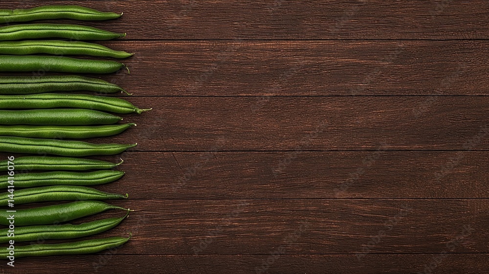 Poster fresh green beans neatly arranged on a rustic wooden table with ample empty space on the right.