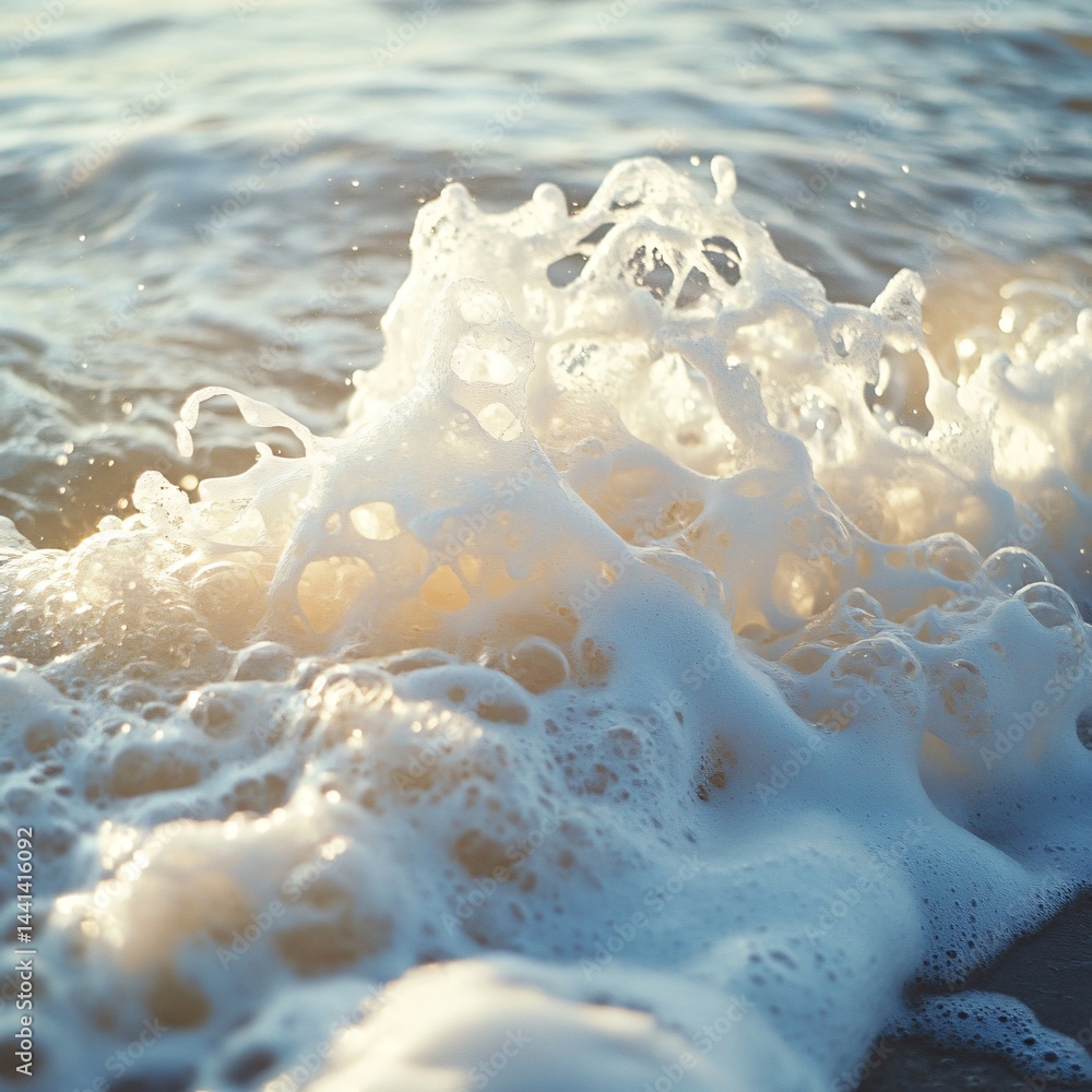 Poster dynamic wave crashing on the beach with intricate sea foam details captivating viewers with nature's