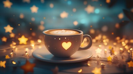 Heart-shaped latte art in a star-lit cup