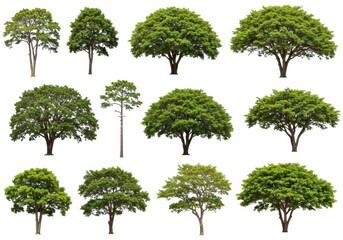 Fototapeta premium A display of various types of trees with green leaves isolated against a white background scenery view