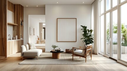 Fototapeta premium Modern living room, wooden furniture, city view, calm atmosphere, home design