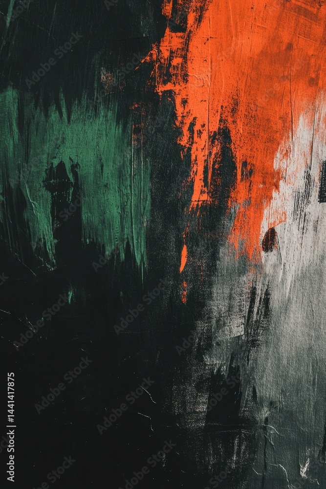 Poster abstract expressionist painting with bold brushstrokes in green orange and white on a dark backgroun