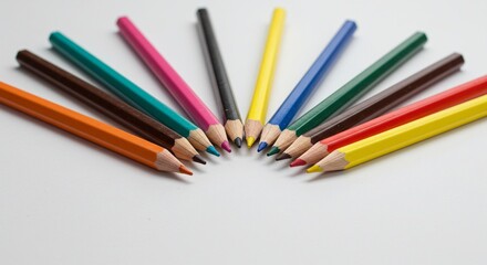 Fototapeta premium Colorful pencils arranged in a semi-circle on a white surface. The pencils include various colors, from yellow, blue, green, red, orange, brown.