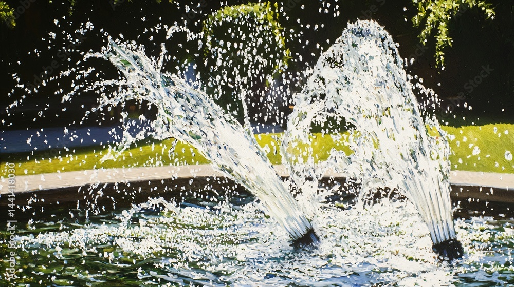 Poster close-up of water splashing from a beautiful fountain capturing the dynamic movement and energy of w