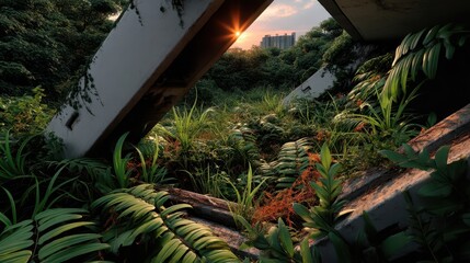 Overgrown concrete structures in a lush jungle setting.