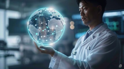 Medical professional holding a glowing digital globe with network connections in a futuristic technology environment, symbolizing global healthcare and digital innovation