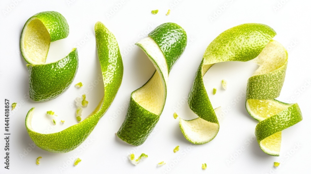 Poster vibrant lime peels elegantly arranged on a clean white surface creating a refreshing and zesty visua