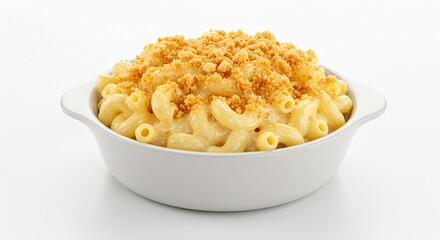 A delectable macaroni and cheese dish is presented in a white serving bowl, adorned with a golden, crispy topping, set against a plain background.