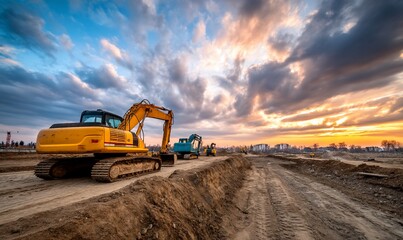 Construction site at sunset with excavators.  Possible use Stock photo for construction, engineering, or development projects