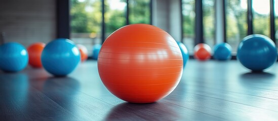 Naklejka premium Fitness studio, orange and blue exercise balls, large window