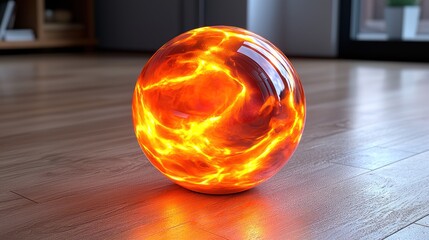 Fiery Orb on Wooden Floor: A Glowing Sphere of Inner Fire