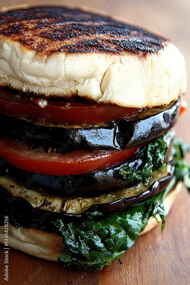 Poster grilled vegetable stack with tomato and spinach on rustic wooden table close up view delicious vegan