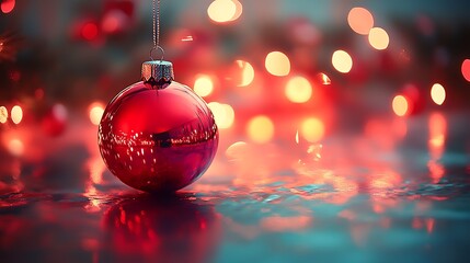 Red bauble reflects lights. Festive bokeh