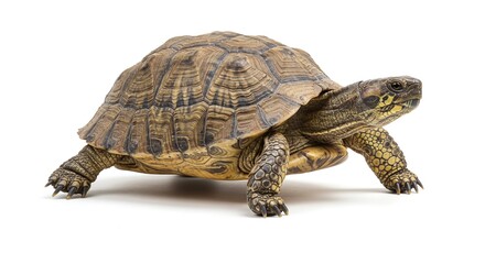 Obraz premium A beautifully textured tortoise poses against a stark white backdrop, highlighting its intricate shell and unique scales. Nature's armored wanderer.