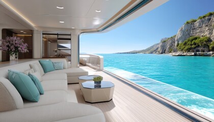 Fototapeta premium Luxury yacht interior with ocean view.